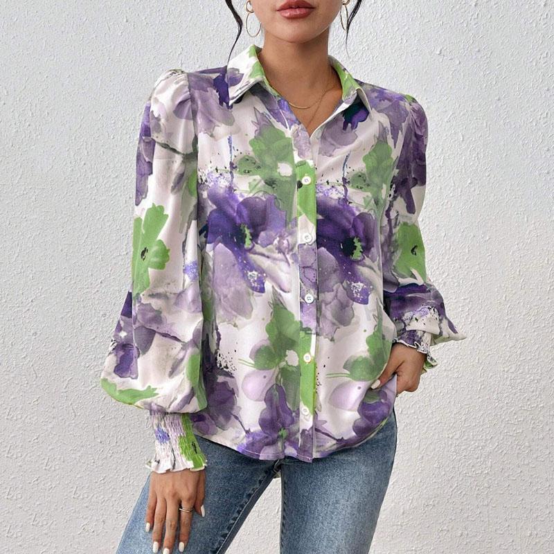 Ladies Spring Summer Lantern Sleeve Flower Printed All Match Shirt Top