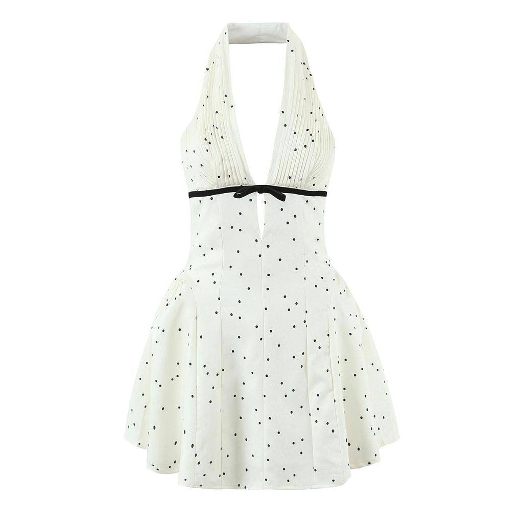 White Polka Dot Halter V-Neck A-Line Dress with Cutout Waist