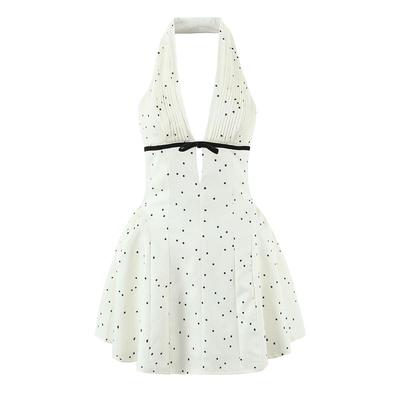 White Polka Dot Halter V-Neck A-Line Dress with Cutout Waist