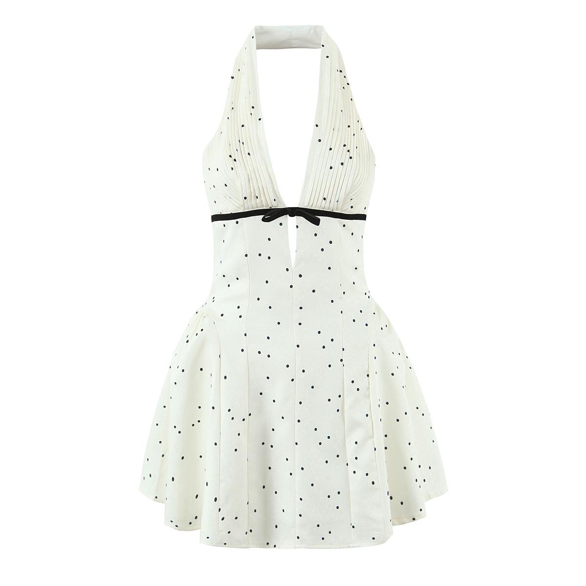 White Polka Dot Halter V-Neck A-Line Dress with Cutout Waist S