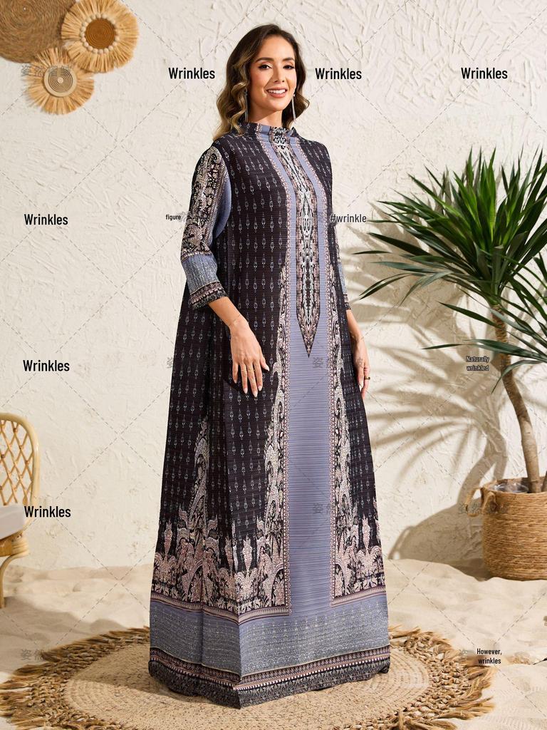Middle East Plus Size Women's Pleated Print Abaya Dress