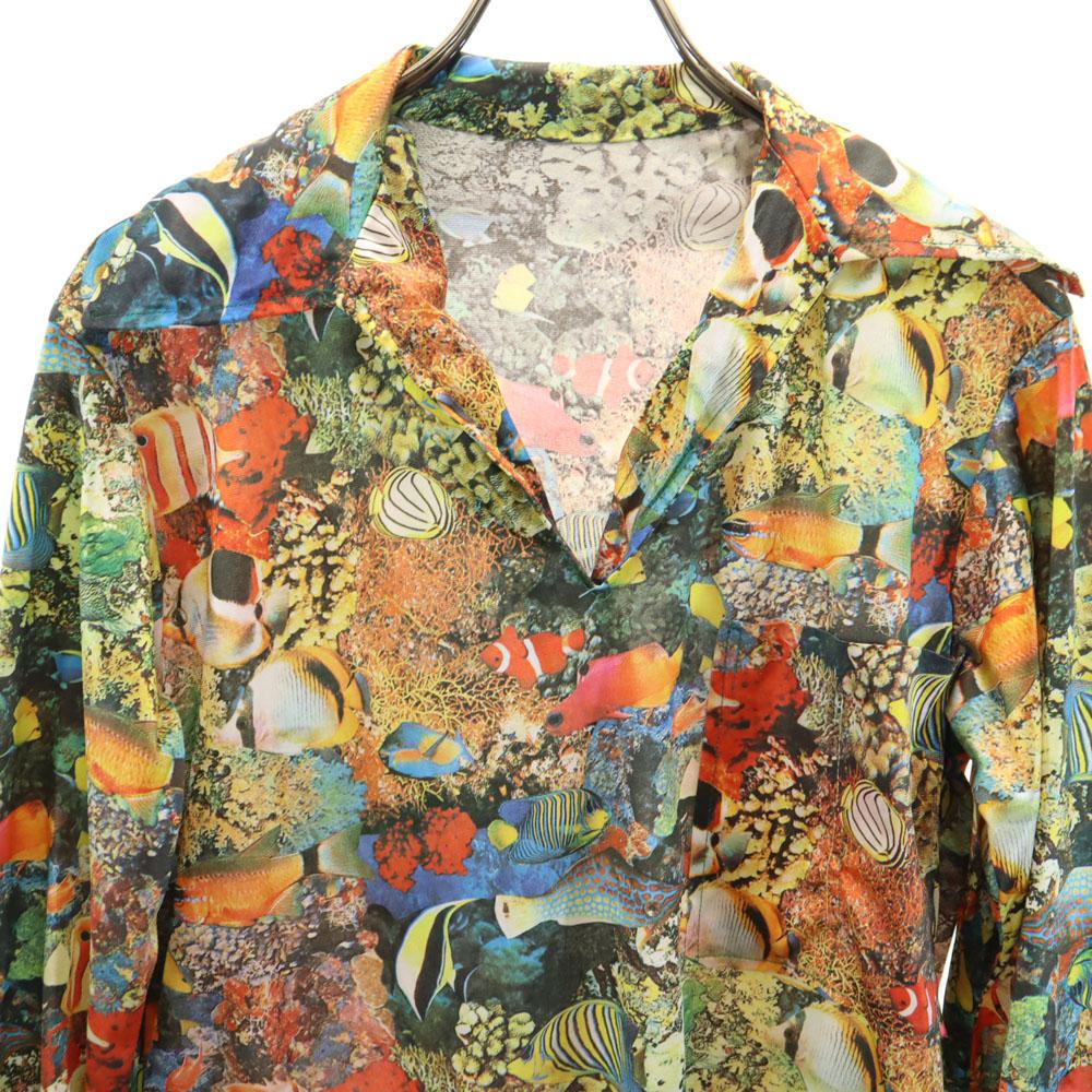 Vintage 70. léta Transkripční Vzor ryby Dlouhý rukáv Skipper Barva košile Pánská Použitá