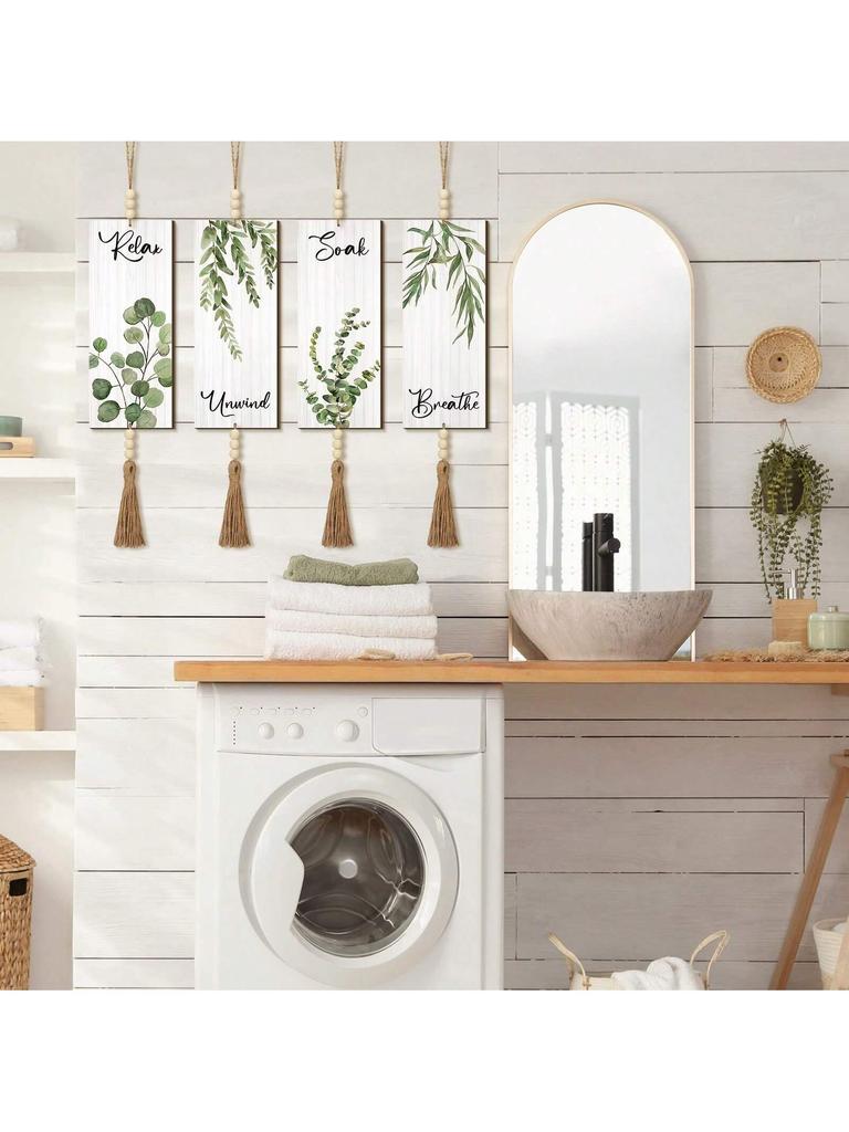 4 Pcs Bathroom Sign With Beads Wooden Hanging Relax Soak Unwind Breathe With Boho Leaf Art Print Minimalist Bathroom Crafts Gift