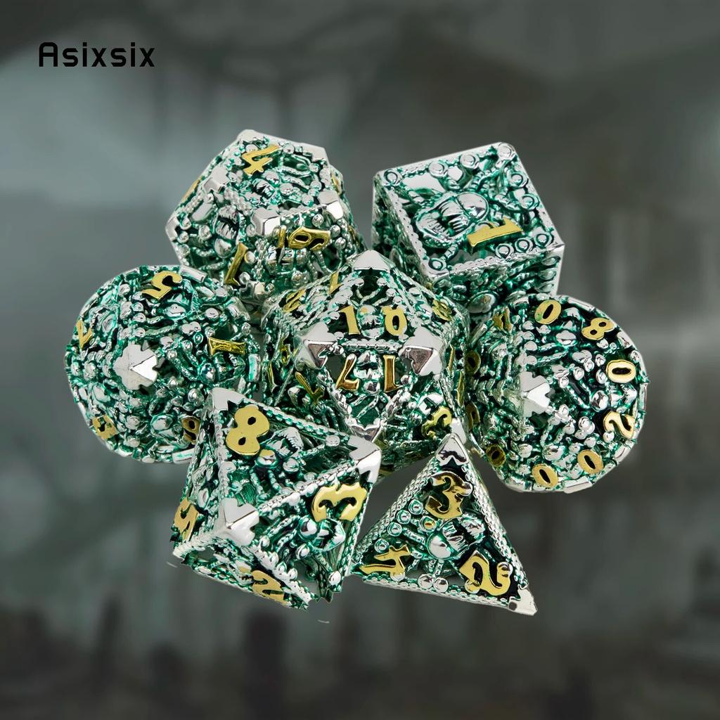 7 Pcs Silver Green Octopus Metal Dice Hollow Metal Polyhedral Dice Set Suitable for Role-Playing RPG  Board Game Card Game