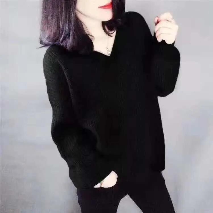 Large Size V-neck Sweater Women  Autumn Winter Loose Fitting Women's Long Sleeve Top Pullover Knitwears Bottoming