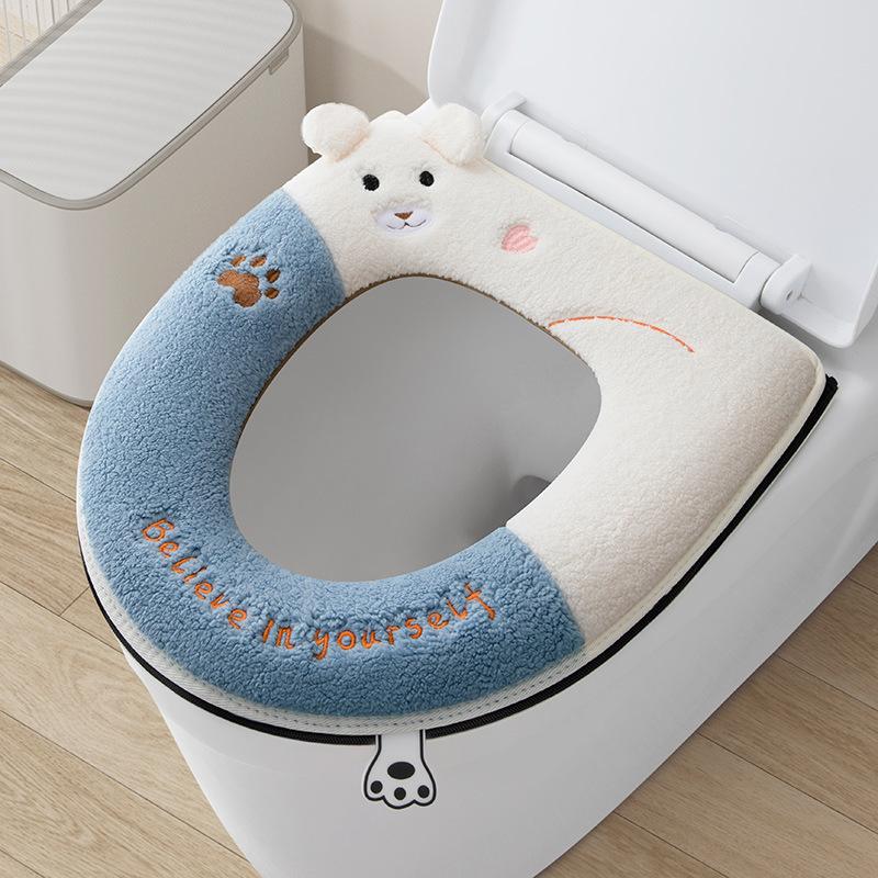 

1 Pc Cat Contrast Color Design with Handle Zipper Cushion Winter warm Toilet Seat Cover синій