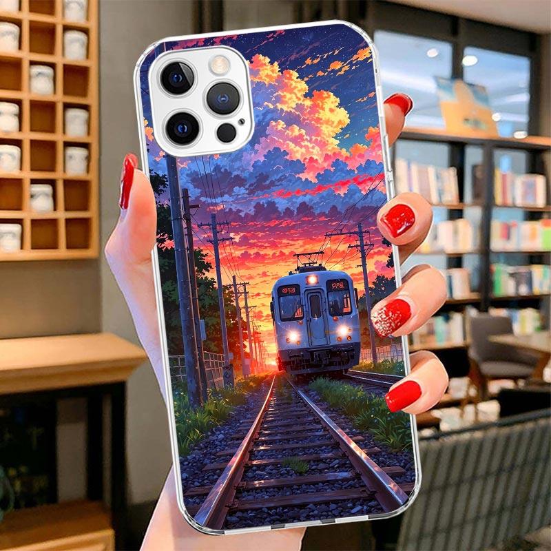 

Retro Japanese Sakura Train Cover Phone Case For iPhone 16 17 Air 15 14 Pro Max 16E Phone Case 13 Mini 12 11 7 SE 8 Print Patter iPhone 14