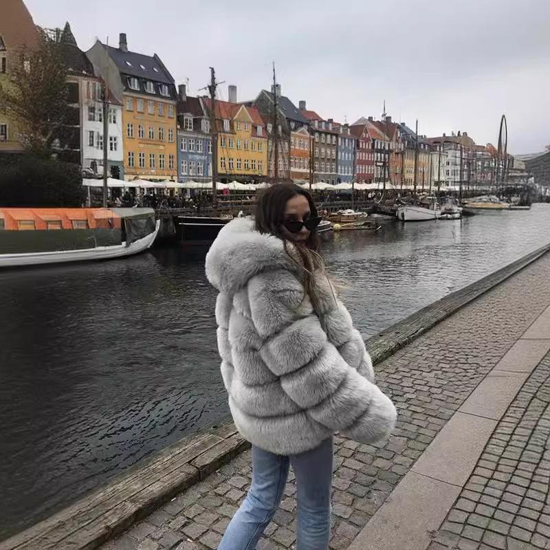 2024 Thickened Plush Coat with Hood - Long Sleeve Faux Rabbit Fur