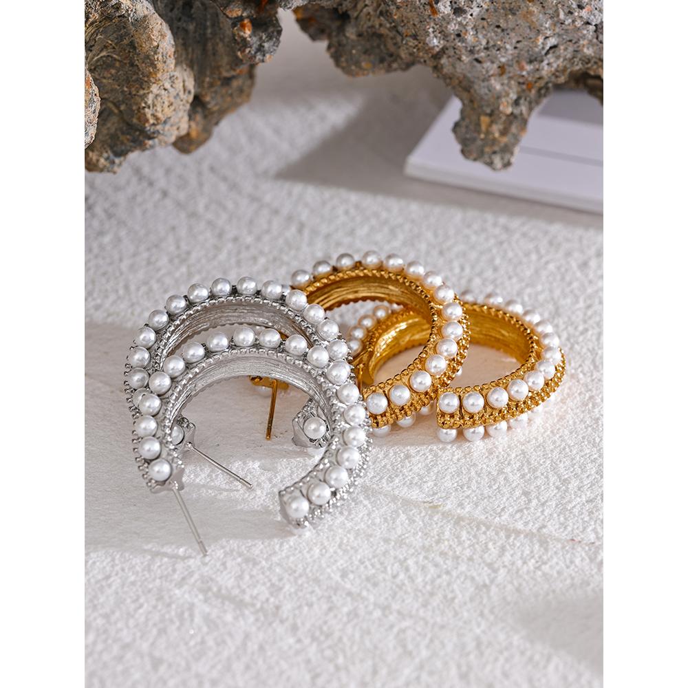 Yhpup Elegant Imitation Pearls Stainless Steel C Shape Geometric Hoop Huggie Earrings Vintage Metal Charm Stylish Jewelry Bijoux