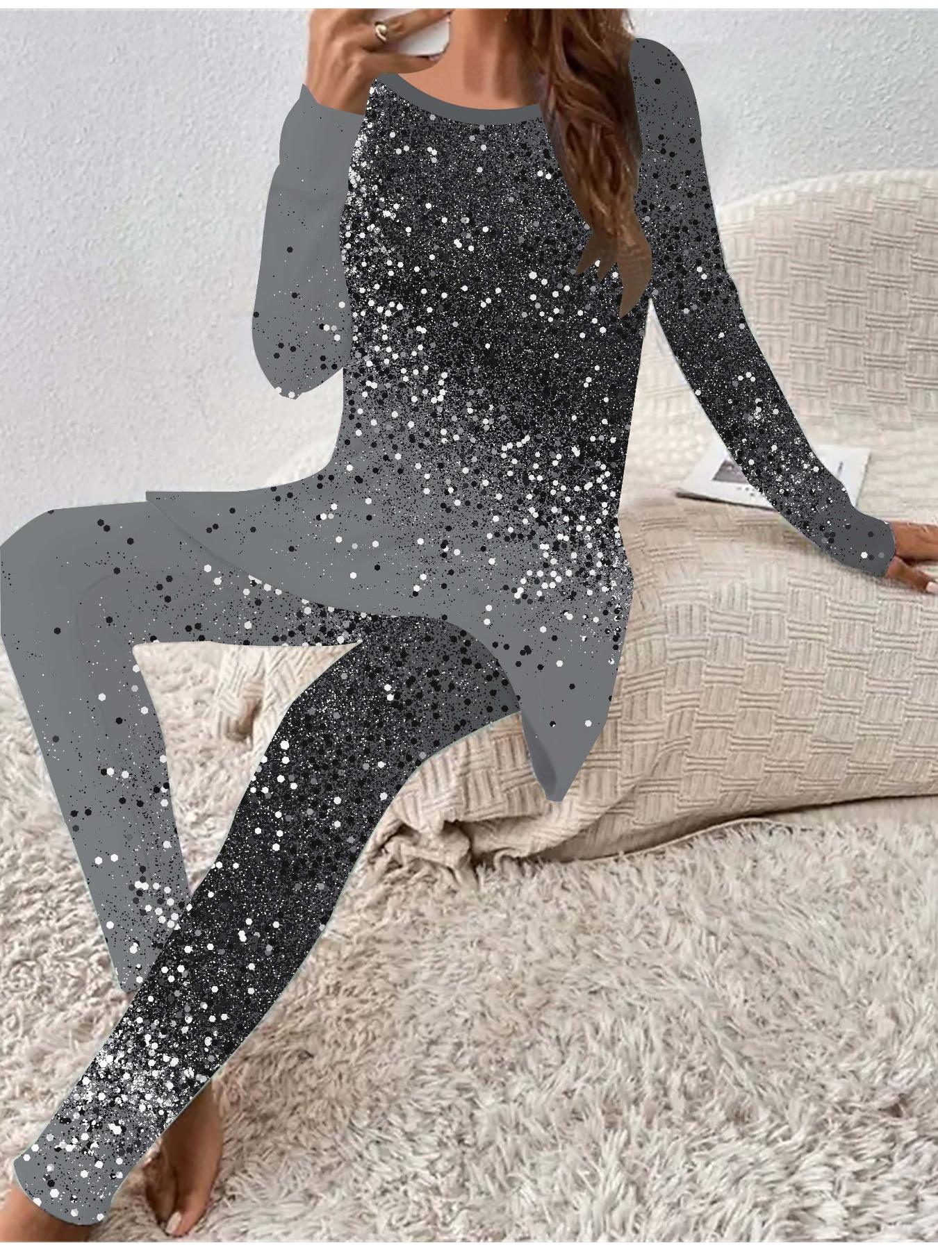 

Euro-American Fashion 3D Glitter Printed Women s Four-season Long-sleeved T-shirt + Long Pants Two-piece Set. Perfect Gift for New Year & Christmas 6XL сірий