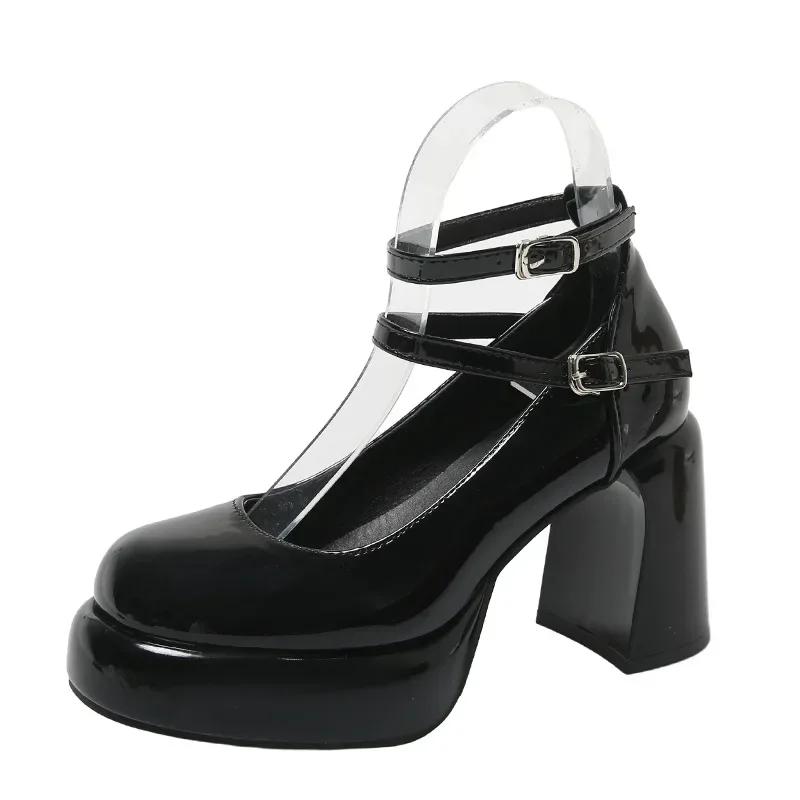 

Модные дизайнерские туфли Мэри Джейн на платформе для женщин Модные элегантные туфли с двойной пряжкой на толстом каблуке Женские туфли-лодочки на высоком каблуке для вечеринок 39 чёрный