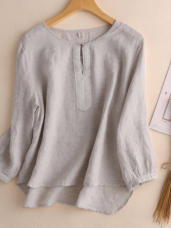 Women's Plus Size Retro Cotton Linen Round Neck Mid-Sleeve Top for Spring/Summer
