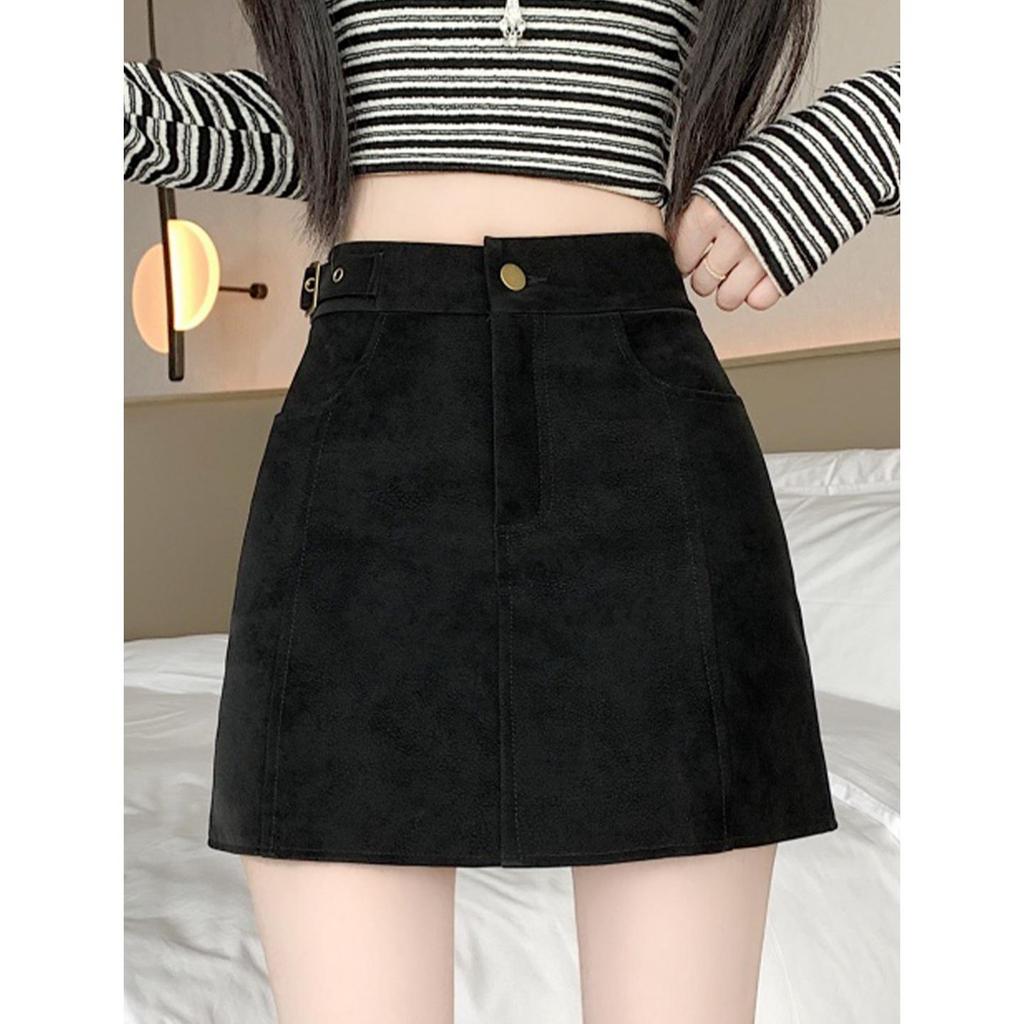 Plus-size Coffee Deer Suede High Waist A-line Mini Skirt for Women - Spring/Autumn, Anti-exposure, Slimming, Hip-hugging Fit