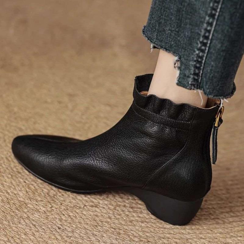 Leather early autumn short boots new fashionable rear zipper soft sole medium heel bare boots wedge heel