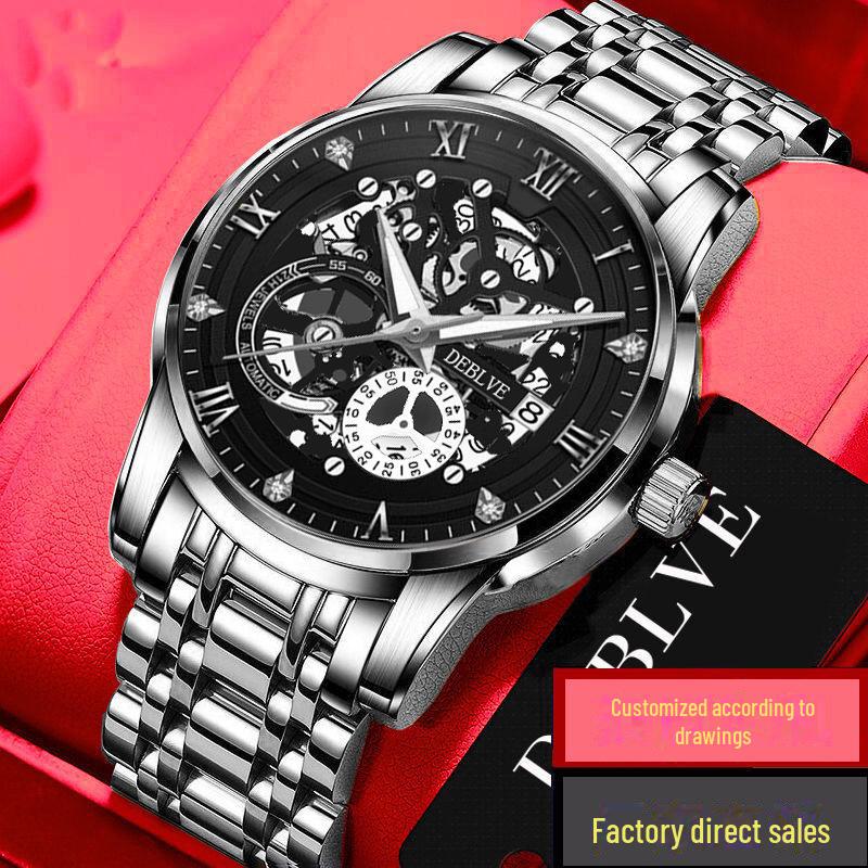 

Мужские модные светящиеся полые механические часы с твердым ремешком и календарем