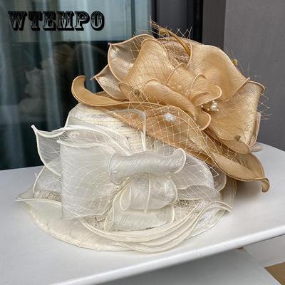 Elegant Sunshade Derby Hat - Breathable Organza Flower Lace Bucket Hat with Imitation Pearl Decorative Accents for Women