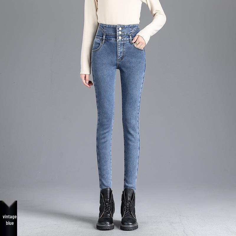 Fleece-Lined High Waist Skinny Jeans: Autumn/Winter Slimming Korean Style Women's Pants