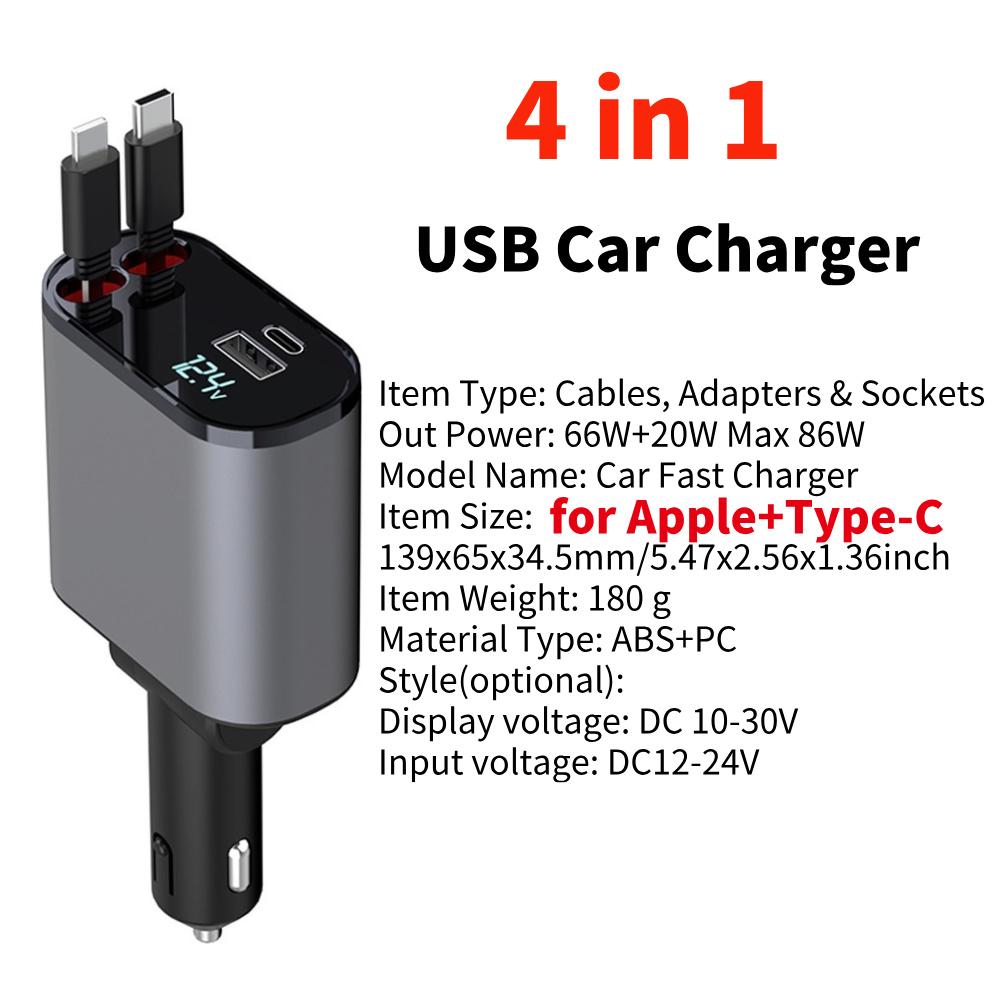 4 In 1 USB Car Fast Charger Super Fast Charge Type C for Apple USB Charger Socket Digital Display Car Power Adapter 86W PD QC3.0