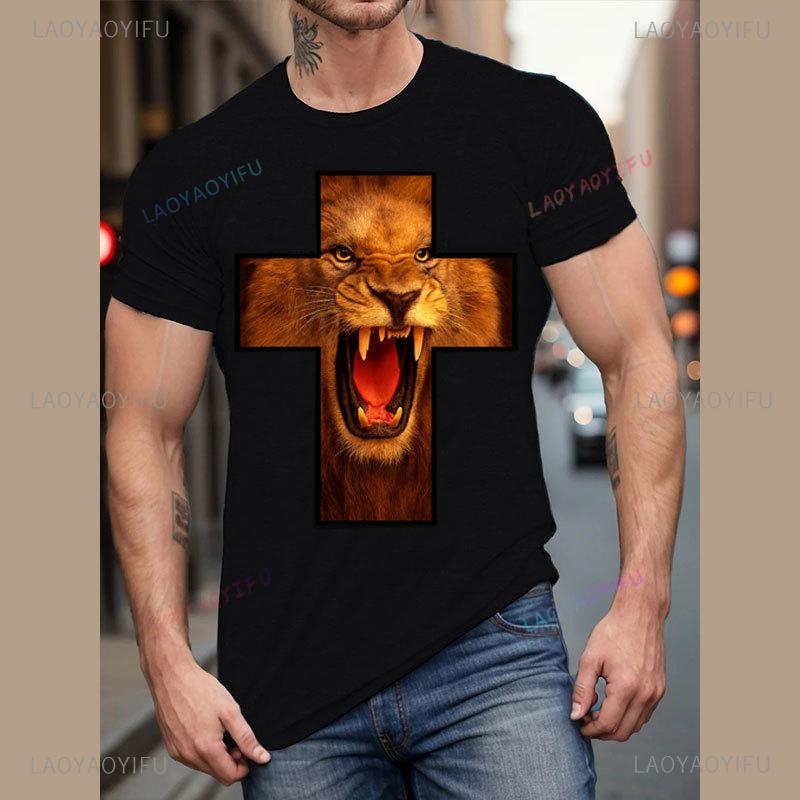 

Lion Cross Roaring Men Ladies Unisex T-Shirt Faith Jesus Christian Printed Tee Short Sleeved Graphic Top Cotton Camisa Clothes S разноцветный