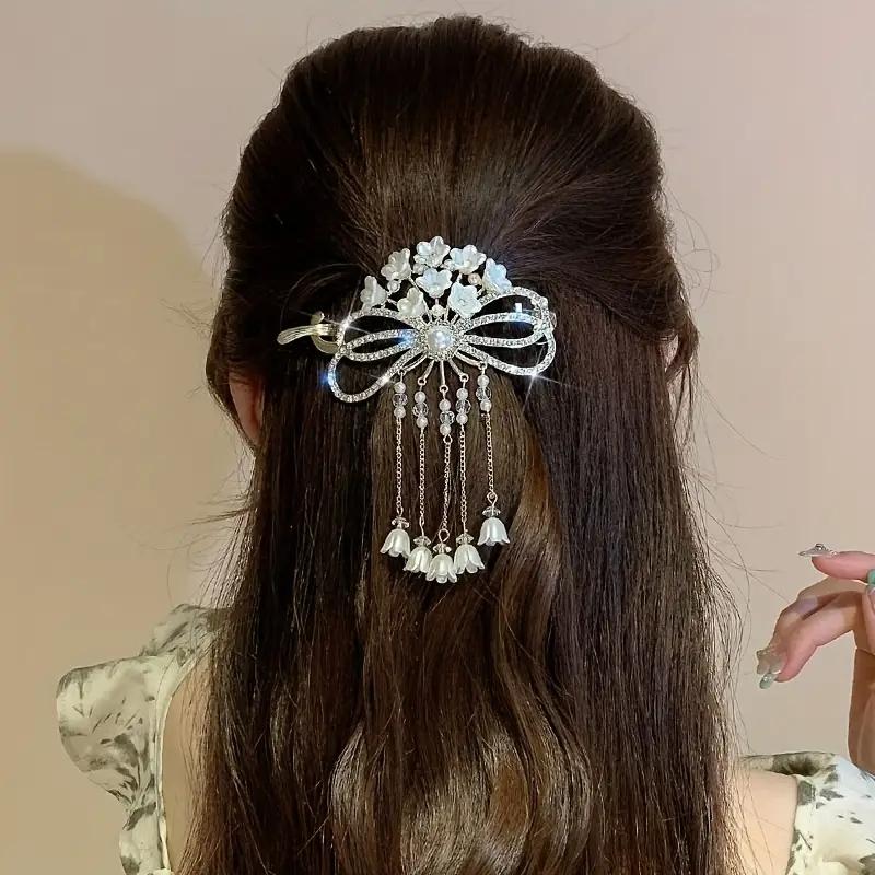1pc Vintage Rhinestone Hair Clip Elegant Tassel Bow Design for Women Sparkling Holiday Daily Wear Jewelry Accessory
