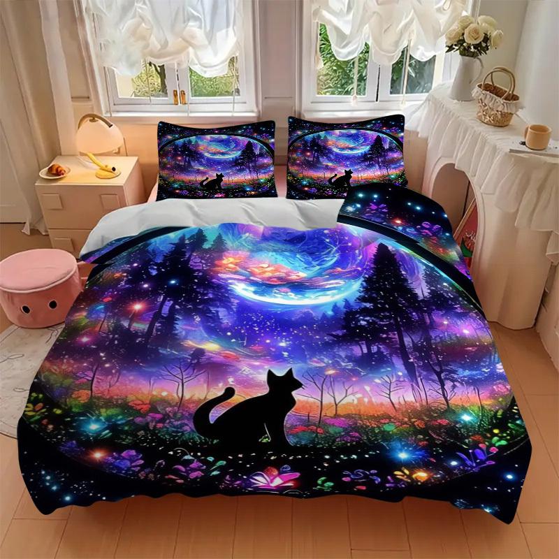 3pcs Colorful Fantasy Cat Bedding Set - Includes One Quilt Cover and Two Pillowcases (No Core) - Home Decor, Festival Gift, Polyester Fabric