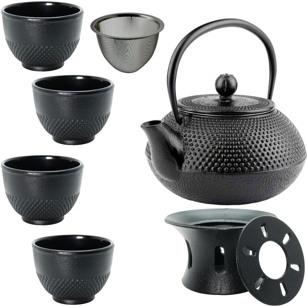 CAST IRON KETTLE 0.8L TEA POT WITH TEA INFILTER + 4x CUPS WARMER
