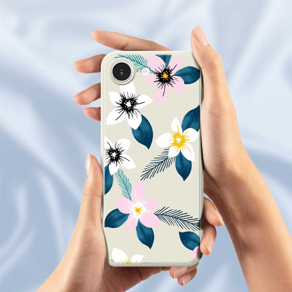 For iPhone 16e Case Pink White Flowers Blue Leaves Pattern Printing Straight Edge TPU Phone Back Cover