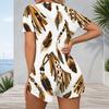 Women Plus Size White Blue Paisley Floral Printed V Neck Short Sleeve Button Front Fitted Romper