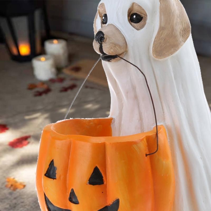 KX4B for Creative Halloween Dog for Cat Statues with Pumpkin Candy Holder Bowl Bucket Sugar Dish Resin Ornament Trick or
