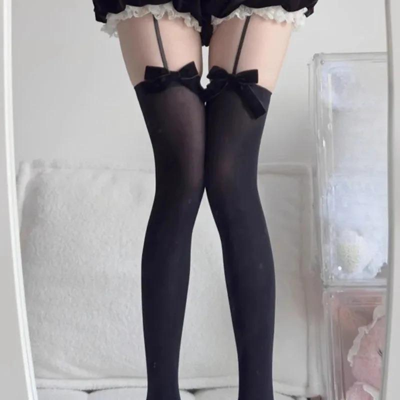 New Plus Size Leg Ring Suspender Bowknot Stockings Sheer Black Silk Over Knee Long Socks Pure Thigh High Stockings For Women