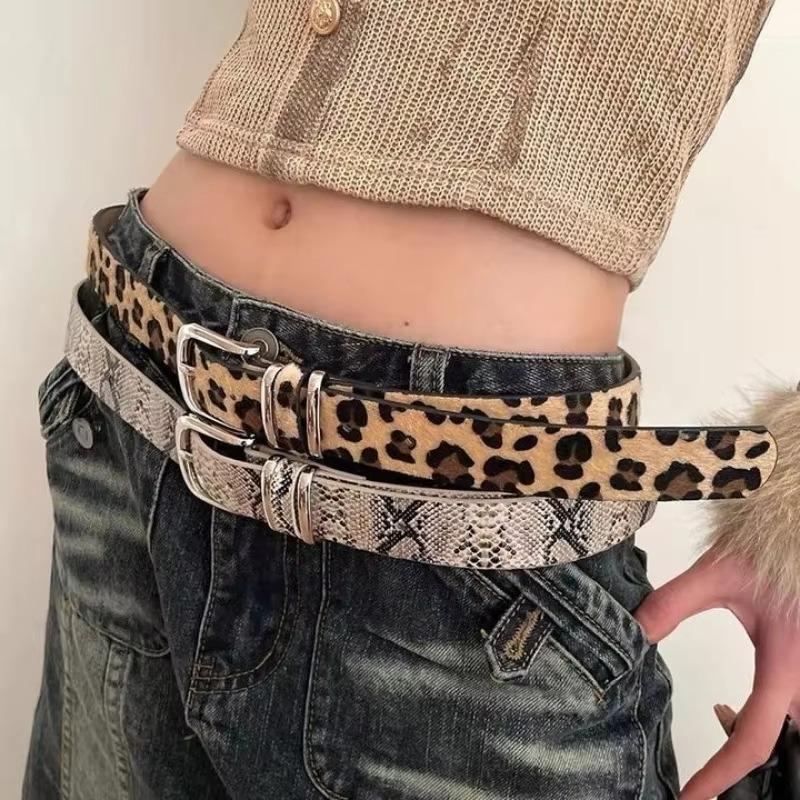 Modische Gürtel mit Leopardenmuster und Schlangenhaut für Damen, vielseitig einsetzbar, mit verstellbarer Schnalle, aus weichem PU-Leder, lässige Jeans-Dekoration