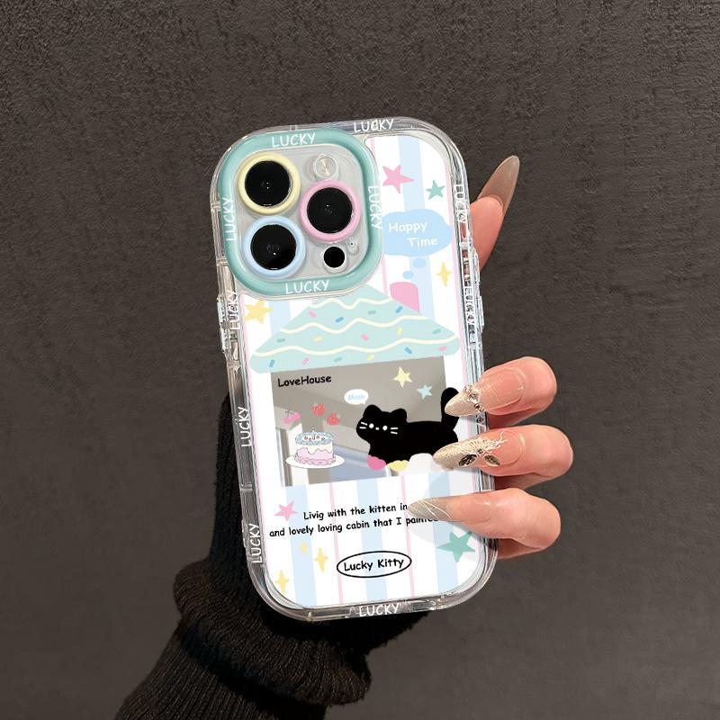 Cartoon Cake Black Cat for Apple17promax Phone Case for IPhone15plus Mirror Cream 14/13