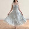 2026 New Summer French Sweet Blue Lace Floral Spaghetti Strap Dress for Women, Spring/Summer Square-Neck Long Dress