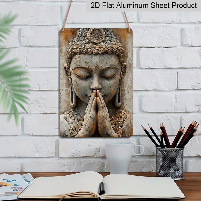 2D Flat 1pc, Golden Leaf Buddha Retro Aluminium Wall Decor Poster, Suitable for Home and Garden Decoration, Perfect Room Decor, Ideal for Use During