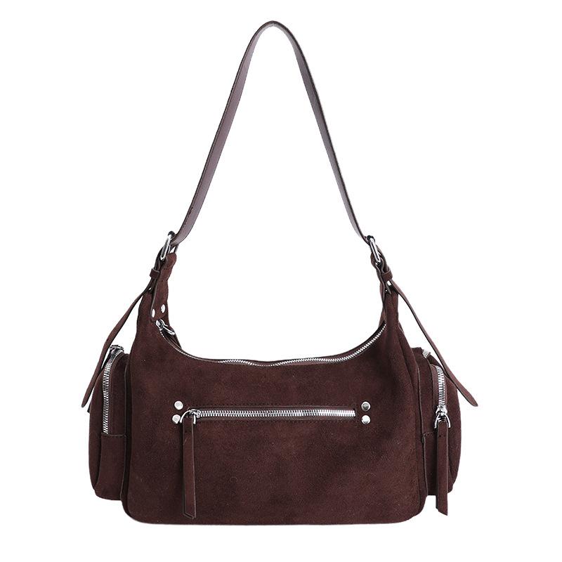 PU Suede Hobo Bag Women's Fashion Shoulder Tote with Multiple Zip Pockets Casual Everyday Handbag