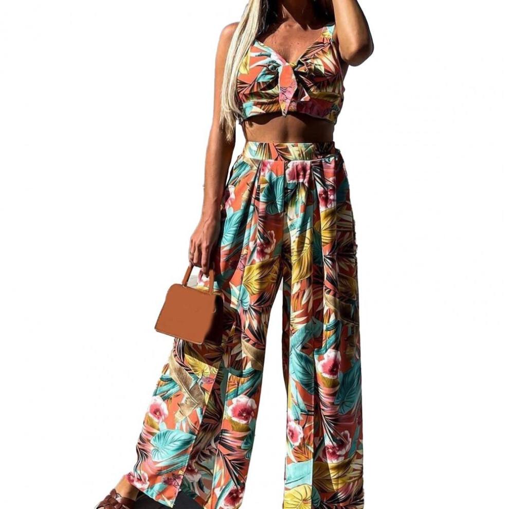 40%HOTLadies Bohemian Pants Set Printed Summer Beach Tops Split Wide Leg Pants Seaside Vacation Packages