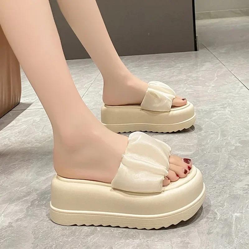 Summer Women Lace Chunky Slippers Beach Flip-Flops Wedge Heels Shoes Woman High Platform Slippers Outside Sandals 7CM Slides