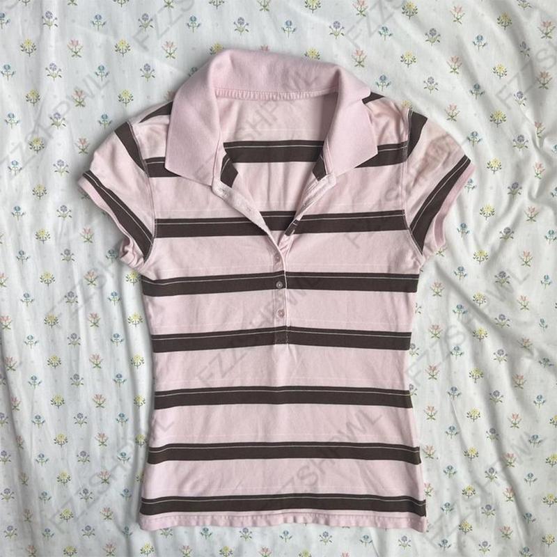 TrendHub Gothic Harajuku Y2K Women's Crop Top Casual Slim Fit Striped Lace Bow Button Design Short Sleeve T-Shirt Chic Trendy Streetwear