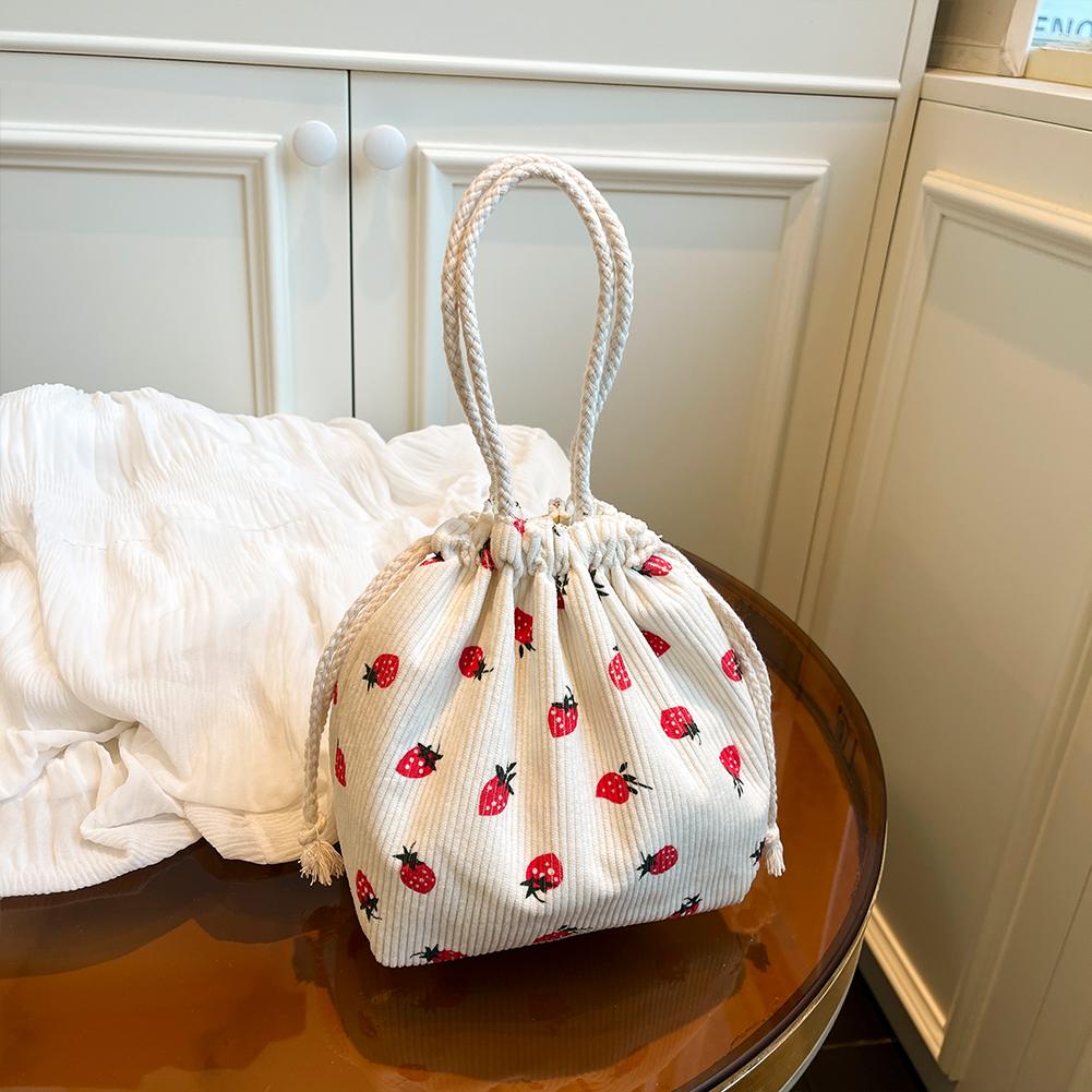 Corduroy Strawberry Bucket Bag Casual Tote Bag Chic Hobo Bag for Women Everyday College Travel
