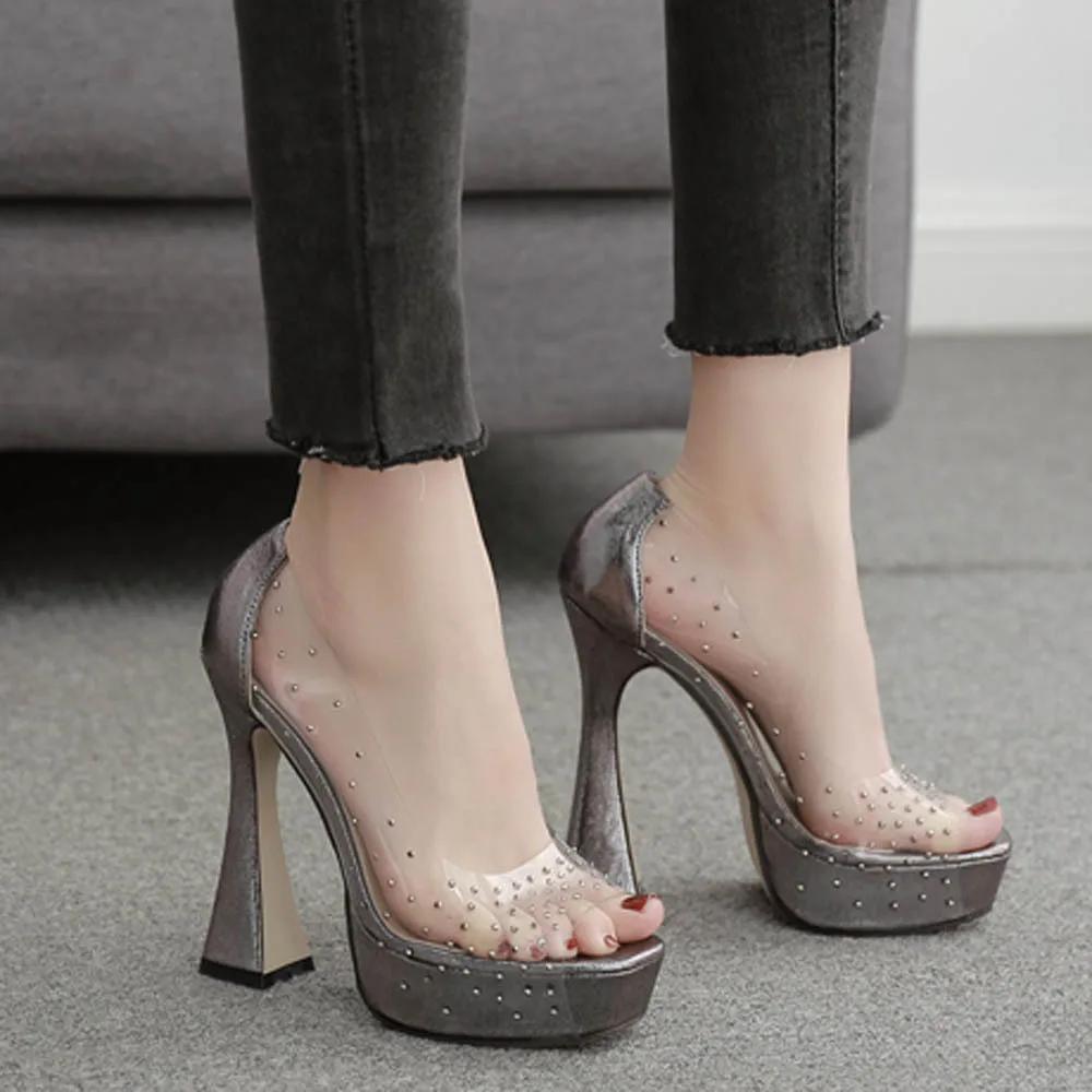 

Сексуальные босоножки с открытым носком на платформе, украшенные прозрачными стразами из ПВХ, туфли на каблуке 13 см для вечеринки и свадьбы для женщин 41