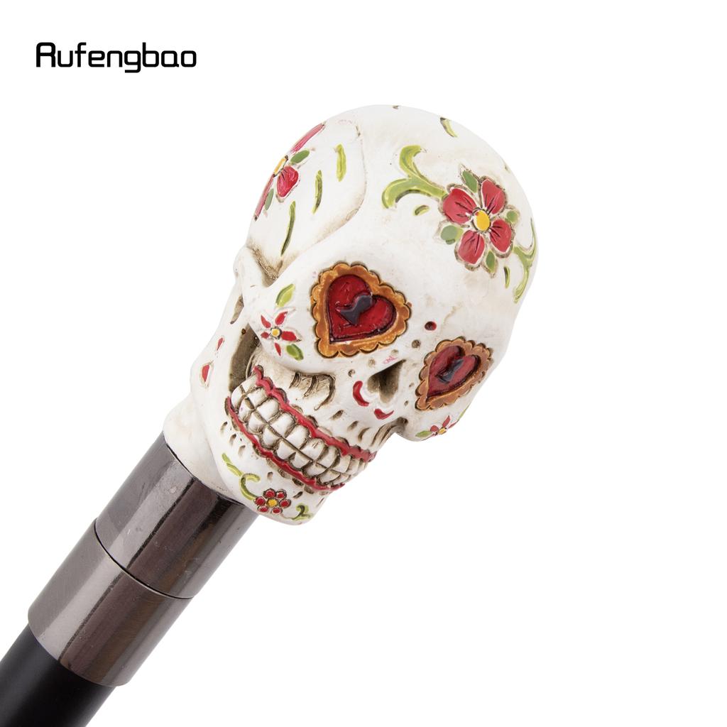 White Resin Red Flower Skull Head Walking Cane Fashion Decorative Steel Stick Gentleman Elegant Cosplay Cane Knob Crosier 94cm