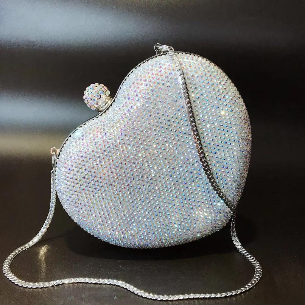 WHTUOHENG Red/Silver Heart Shape Mini Purse for Women Crystal Embellished Diamond Bridal Clutch Luxury Party Dinner Lady Handbag