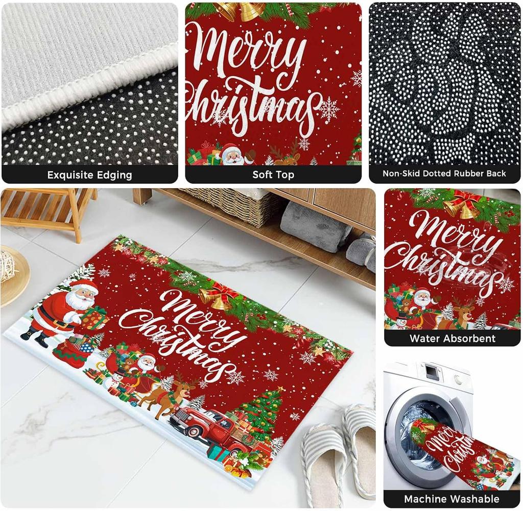VIKAMA Red Christmas Happy Floor Mat Anti-Slip Washable Entry Floor Mat for Kitchen and Bedroom Winter Seasonal Decoration