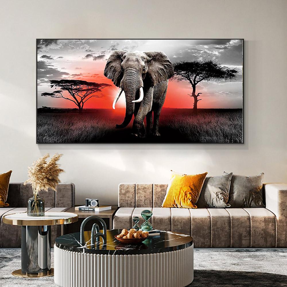 1 Piece Walking Elephant Sunset Africa Grassland Scenery Canvas Painting Posters And Prints Wall Art Picture Home Decor No Frame No Frame