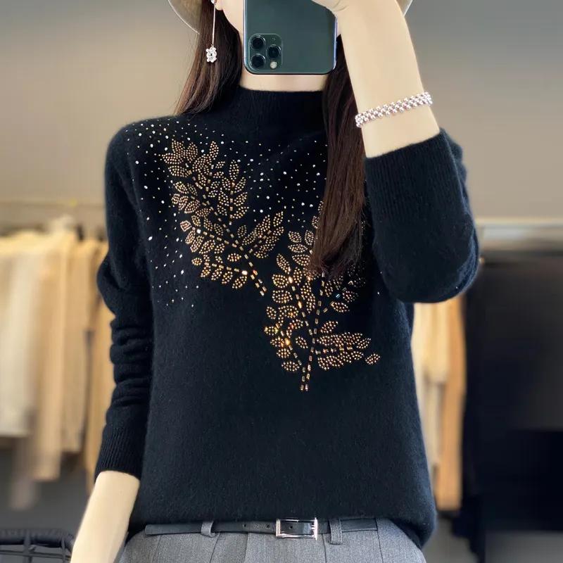 Women's Solid-Color Fall/Winter Half-Turtleneck Sweater with Leaf Pattern