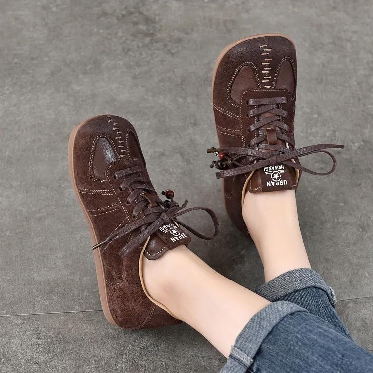 Johnature Flat Lace Up Women's Shoes Genuine Leather Retro Mixed Colors Versatile All Season Shoes