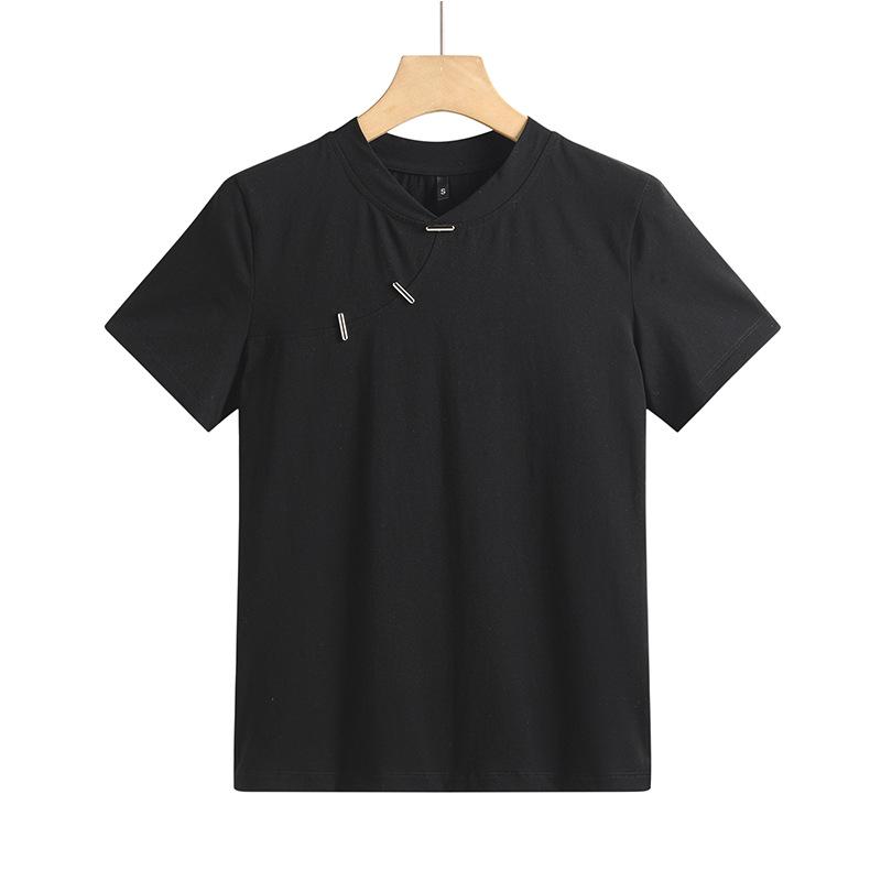 Enhanced Slim Fit Minimalist Cotton T-Shirt with Chinese and Korean Style Buttons - Short Sleeve Women's Top