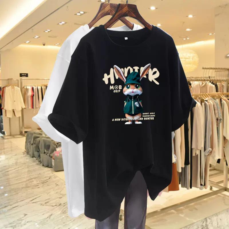 Women's Dark Green Rabbit Print Cotton T-Shirt, European Style, Mid-Length, Short-Sleeve, Spring/Summer 2024 Collection