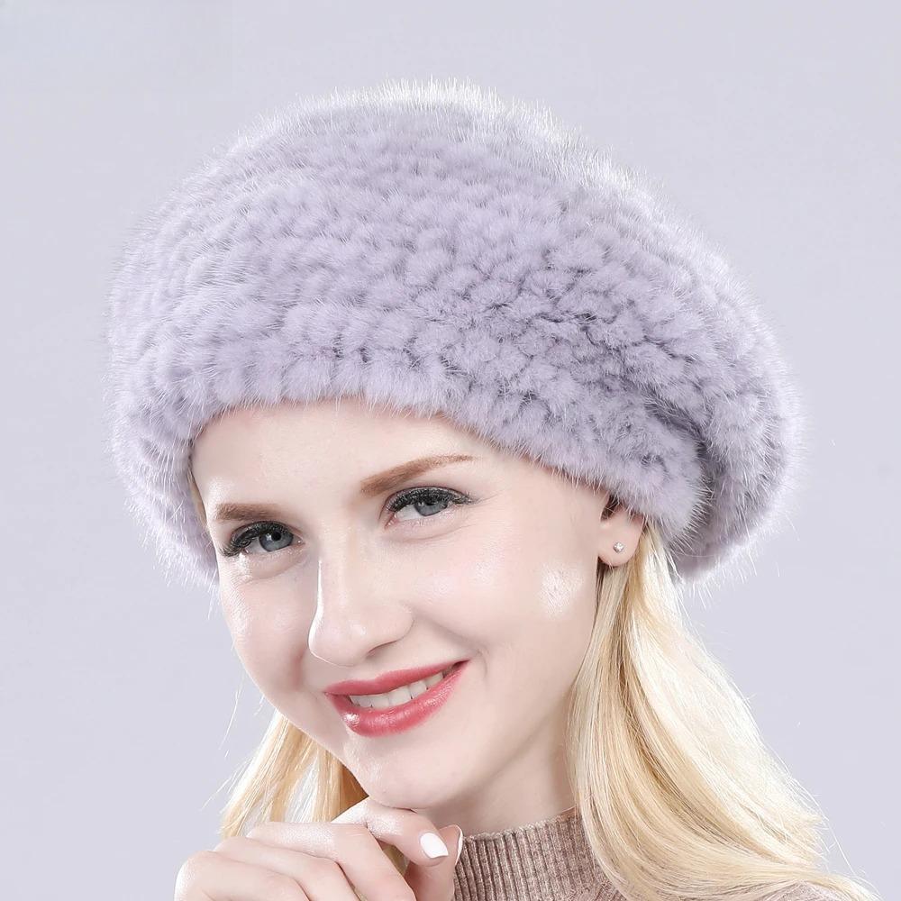 Heißer Verkauf Winter Damen Natürliches Nerzfell Mützen Hut Gestrickt Warm Gestreift Echtes Nerzfell Mützen Damen Gute Elastizität Echter Nerzfell Hut