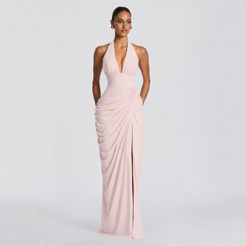 New women's clothing sexy deep V neck halter strap waist slim high split dress skirt